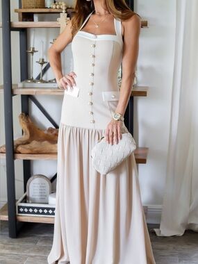 BLITHE Beige and White Sleeveless Halter Maxi Dress with Button Front- NWT